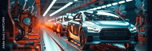 Futuristic electric cars production line, Automated robotics, Industry manufacture concept.