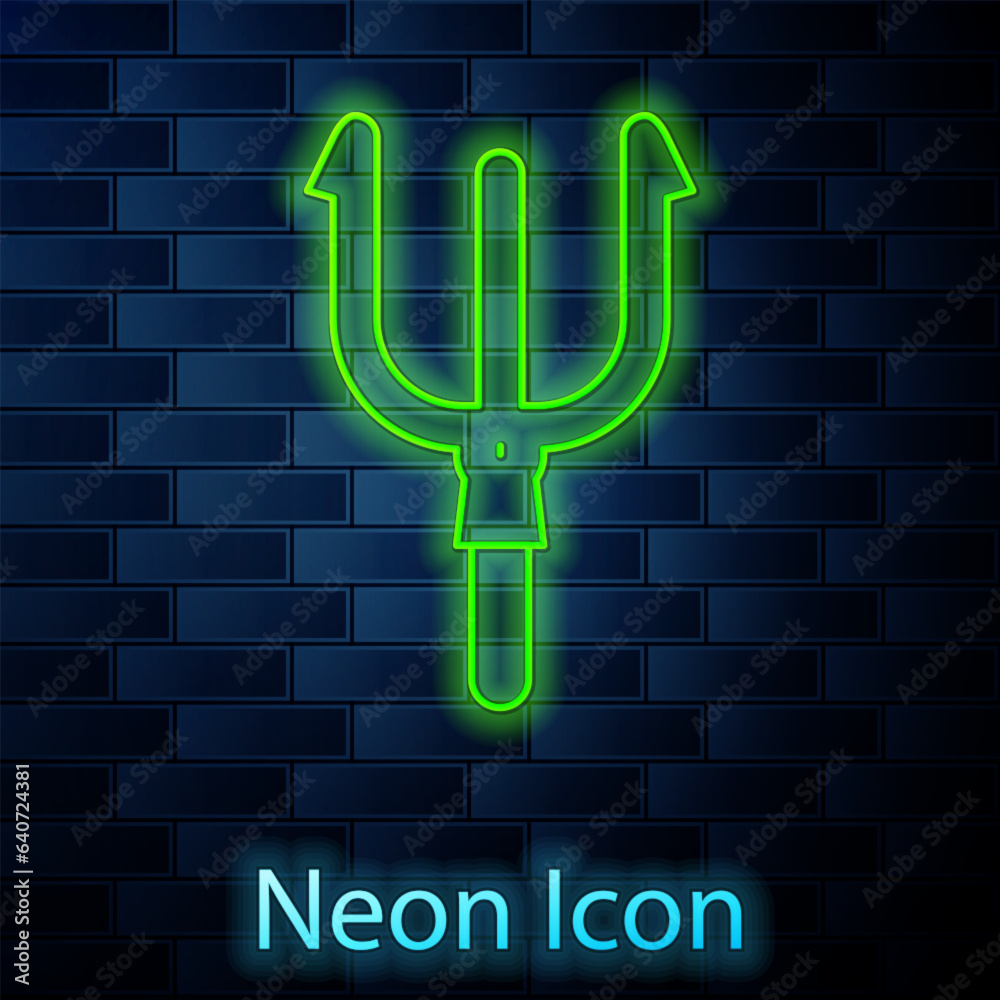 Glowing neon line Neptune Trident icon isolated on brick wall background. Vector Glowing neon line Neptune Trident icon isolated on brick wall background. Vector