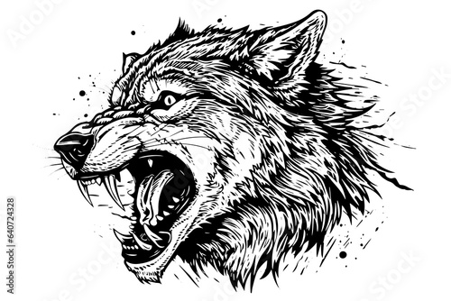 Angry wolf head hand drawn ink sketch. Engraving vintage style vector illustration. Design for logotype, mascot, print.