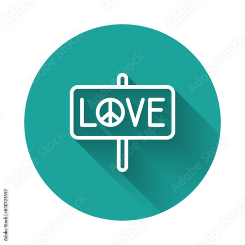 White line Peace icon isolated with long shadow background. Hippie symbol of peace. Green circle button. Vector