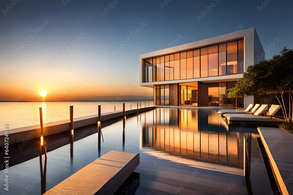 Sunset at Luxury Waterfront Modern Home 
