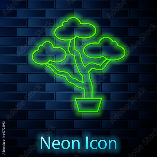Glowing neon line Japanese bonsai tree icon isolated on brick wall background. Japanese culture, horticulture, olericulture hobby concept. Vector
