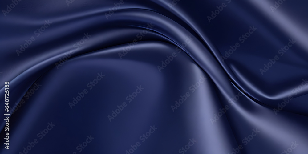 Navy blue silk satin. Dark elegant luxury abstract background with space for design. Shiny smooth fabric. Soft folds. Drapery. Color gradient. Lines. Wavy pattern.