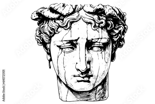 Сracked statue head of greek sculpture hand drawn engraving style sketch. Vector illustration. Image for print, tattoo, and your design.