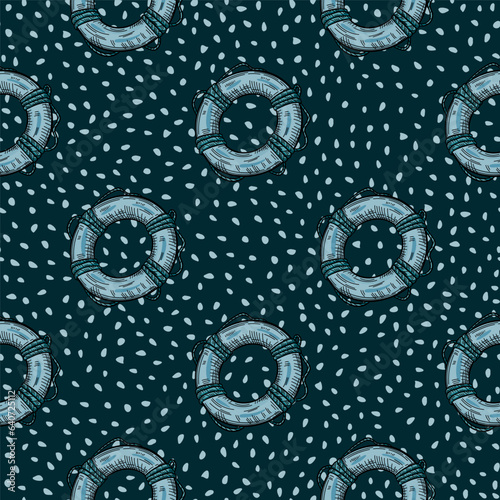 Vintage lifebuoy with rope sketch seamless pattern. Hand drawn life ring in engraving style wallpaper.