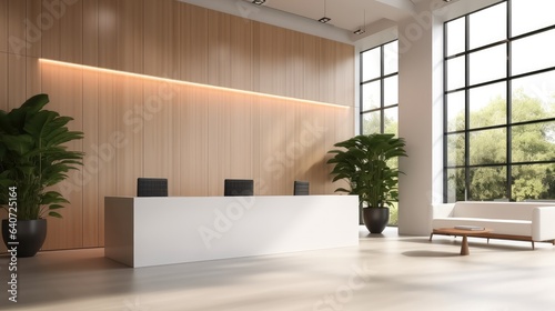 Interior design of a modern elegance office building hall with reception desk. © visoot