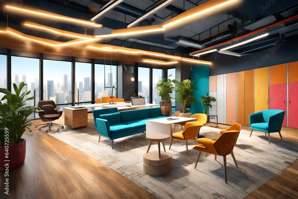A creative office interior, thoughtfully designed with vibrant colors, flexible spaces, and inspiring decoration 