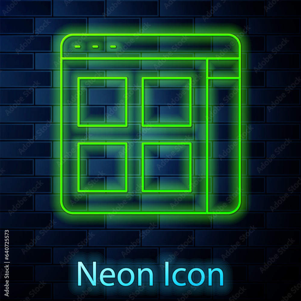Glowing neon line Browser files icon isolated on brick wall background. Vector Glowing neon line Browser files icon isolated on brick wall background. Vector