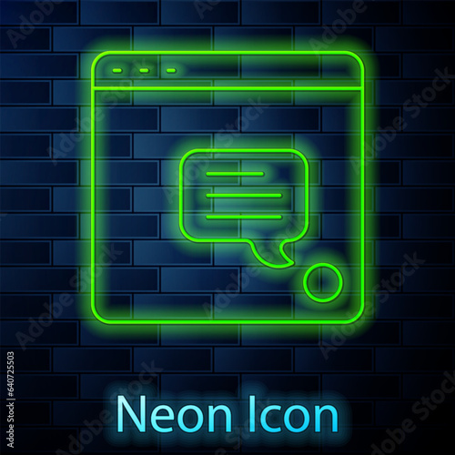 Glowing neon line New chat messages notification icon isolated on brick wall background. Smartphone chatting sms messages speech bubbles. Vector