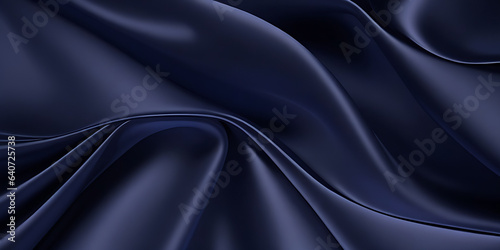 Navy blue silk satin. Dark elegant luxury abstract background with space for design. Shiny smooth fabric. Soft folds. Drapery. Color gradient. Lines. Wavy pattern.