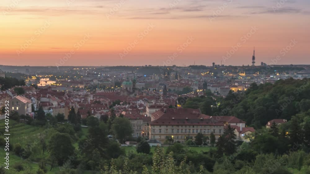 Prague Czechia Czech Republic time lapse 4K, high angle view city skyline night to day sunrise timelapse of old town and Prague Castle Prague Czechia Czech Republic time lapse 4K, high angle view city skyline night to day sunrise timelapse of old town and Prague Castle