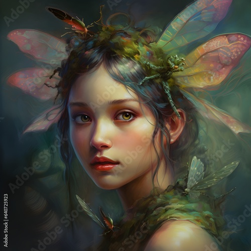 Portrait avatar of a fantasy fairy character, beautiful girl with colorful hair and butterfly wings photo