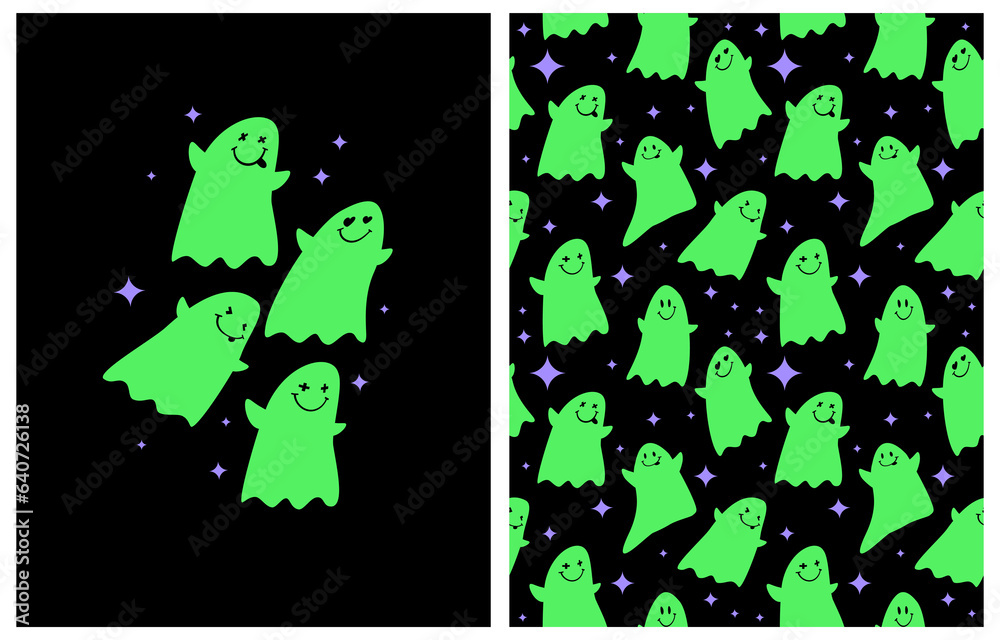 Cute Hand Drawn Halloween Vector Card and Seamless Pattern. Little Happy Ghosts. Neon Green Y2K Style Ghosts and Violet Stars Isolated on a Black Background. Lovely Halloween Illustration. RGB Colors.