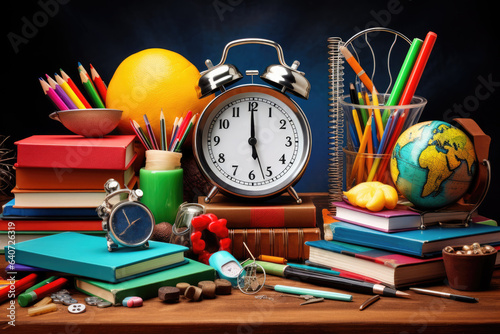 Alarm clock, paint, pencils and scissors, books, pen, notebooks. School accessories. Back to school concept