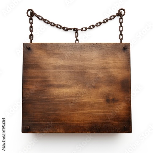 Wooden sign with chain isolated on white background. Clipping path included. 