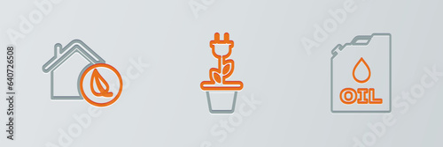 Set line Canister machine oil, Eco friendly house and Electric saving plug pot icon. Vector