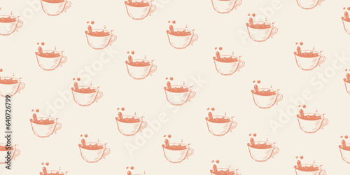 Seamless pattern with сups of spilled tea isolated on background. Splash drink. Sketch style cup of coffee. Small mug of tea. Beverage drawing with hatching