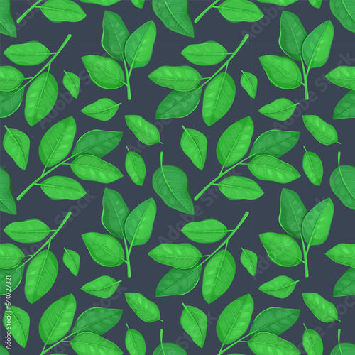 Seamless pattern with green leaves on a dark background.