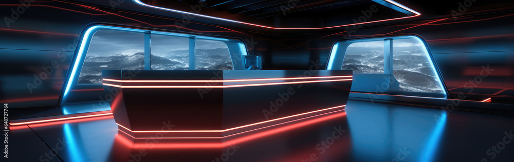 Reception desk with neon cyber dark themed lighting.