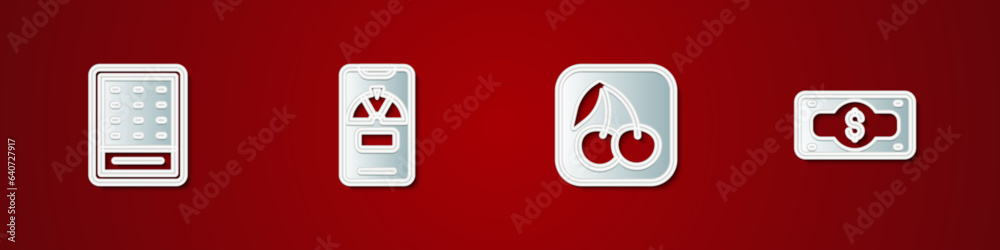 Set Lottery ticket, Lucky wheel on phone, Slot machine with cherry and Stacks paper money cash icon. Vector Set Lottery ticket, Lucky wheel on phone, Slot machine with cherry and Stacks paper money cash icon. Vector