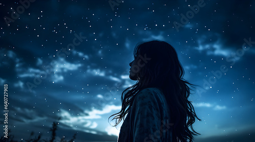 A captivating silhouette: A young woman with flowing hair stands against a starry expanse, merging the grace of form with the mystery of the cosmos