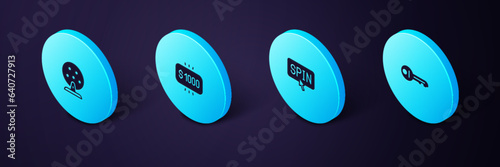 Set Isometric Old key, Slot machine spin button, Money prize casino and Lottery icon. Vector