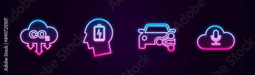 Set line CO2 emissions in cloud, Head with low battery, Car sharing and Music streaming service. Glowing neon icon. Vector