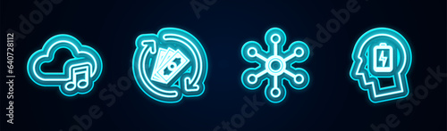 Set line Music streaming service, Refund money, Network and Head with low battery. Glowing neon icon. Vector