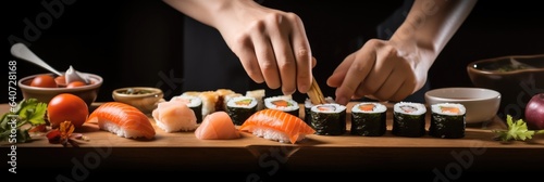 Professional chef hands preparing sushi and arrange and decorate in kitchen at restaurant.