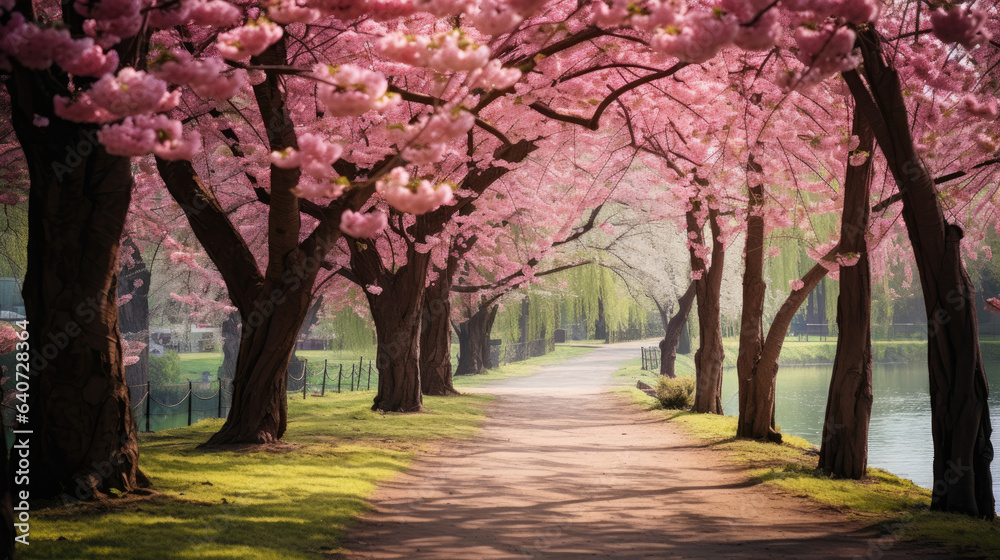 Beautiful spring landscape with flowering trees in the park