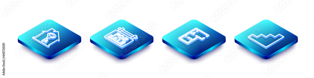 Set Isometric line House with key, Hanging sign For Sale, plan and Staircase icon. Vector Set Isometric line House with key, Hanging sign For Sale, plan and Staircase icon. Vector