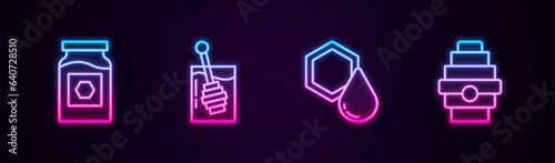 Set line Jar of honey, Honey dipper stick, Honeycomb and Hive for bees. Glowing neon icon. Vector