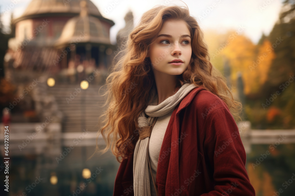 A young girl walks around the city in autumn
