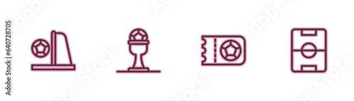 Set line Football goal with ball, or soccer ticket, Award cup and football and field icon. Vector