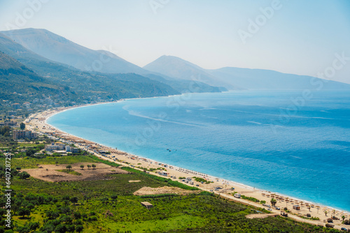 Albania riviera. Beach on coast of Ionian Sea in Albania, lukove, near Greece island Korfu. Borsh beach photo