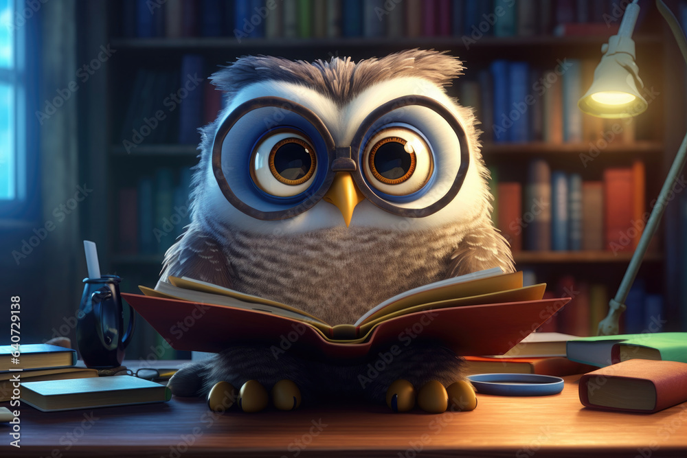 An owl with glasses is sitting in the library with a book An owl with glasses is sitting in the library with a book