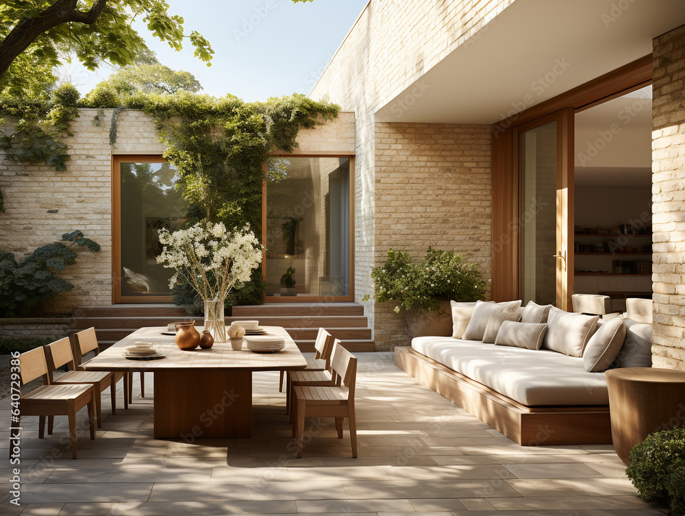 The internal courtyard of a luxury residence has an open air upper space. This space allows the interaction of the interior space of a home with nature and brings that element into the house.
