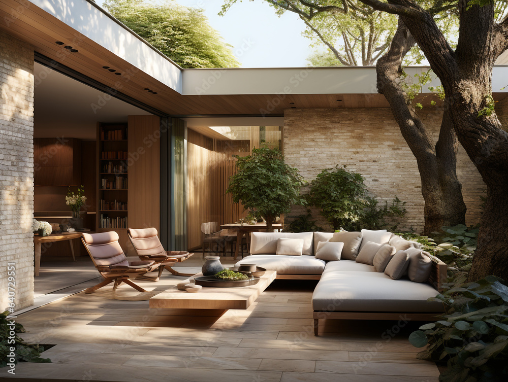 Fototapeta premium The internal courtyard of a luxury residence has an open air upper space. This space allows the interaction of the interior space of a home with nature and brings that element into the house. 