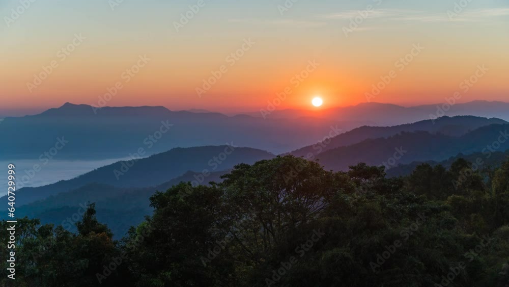 Tropical forest nature landscape with mountain range sunrise time lapse with moving cloud mist, Chiang Mai Thailand 4K timelapse