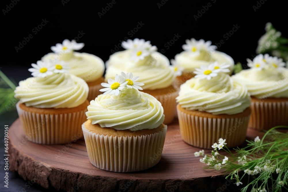 Cupcakes with cream decorated with chamomile flowers on a wooden stand