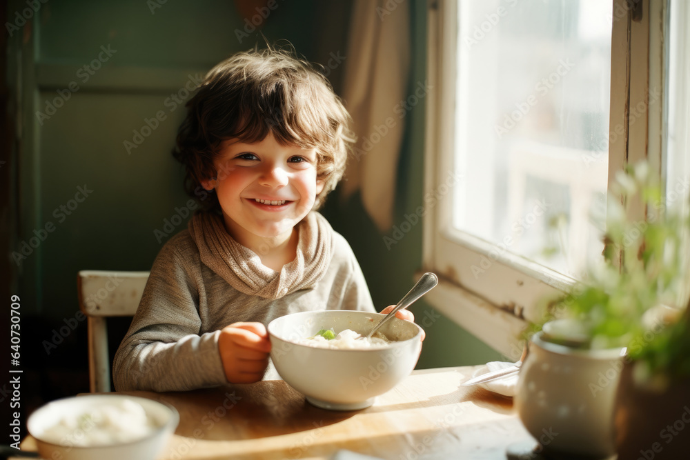 The boy has breakfast porridge sitting near the window The boy has breakfast porridge sitting near the window