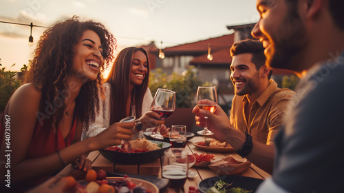 Group of young people having fun drinking red wine on balcony rooftop bbq dinner party - Happy multiracial friends eating barbecue food at restaurant terrace - Food and drink life style concept