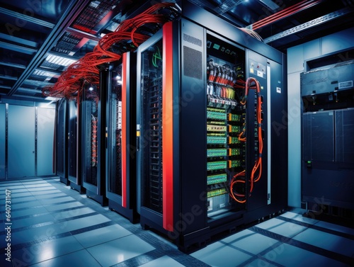 Side view of rows with various servers in modern data center illuminated by glowing lamps Generative AI illustration
