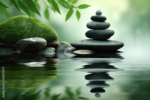 zen beauty green botany abstract water botanical leaf surface stones fresh zen stone beautiful day black leaf detail colours green it copy reflect leaves water stone background closeup space pyramid