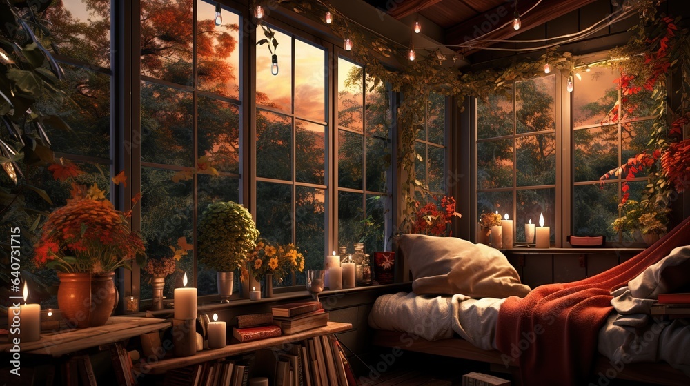 Interior Design of a Modern Bedroom well Lighted in the Style of Autumn Colors.