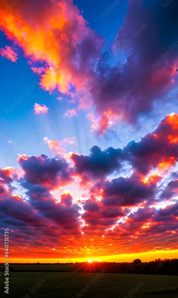 Utterly spectacular sunset with colourful clouds lit by the sun.