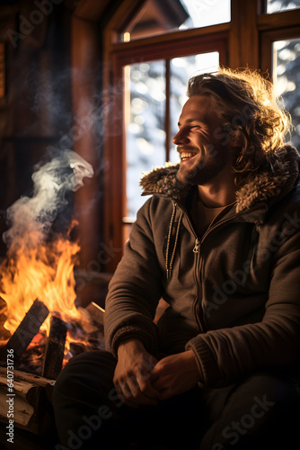 vertical Snowboarder's Relaxation by the Lodge Fireplace ai generated art © mihail