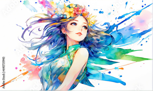 カラフルな装いの美しい瞳の少女  A girl with beautiful eyes in colorful attire