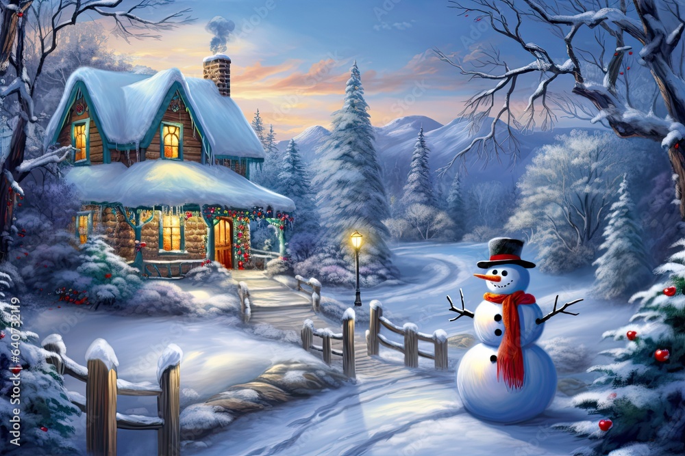 Fototapeta premium Illustration of Christmas theme with a house surrounded by beautiful nature and covered with snow. Generative ai