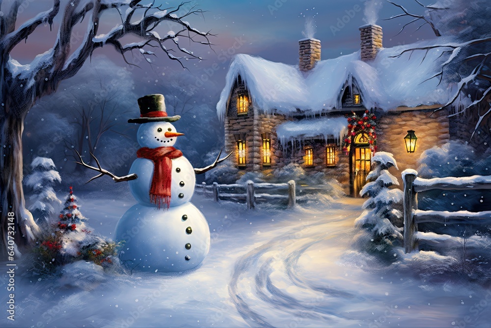 Obraz premium Illustration of Christmas theme with a house surrounded by beautiful nature and covered with snow. Generative ai